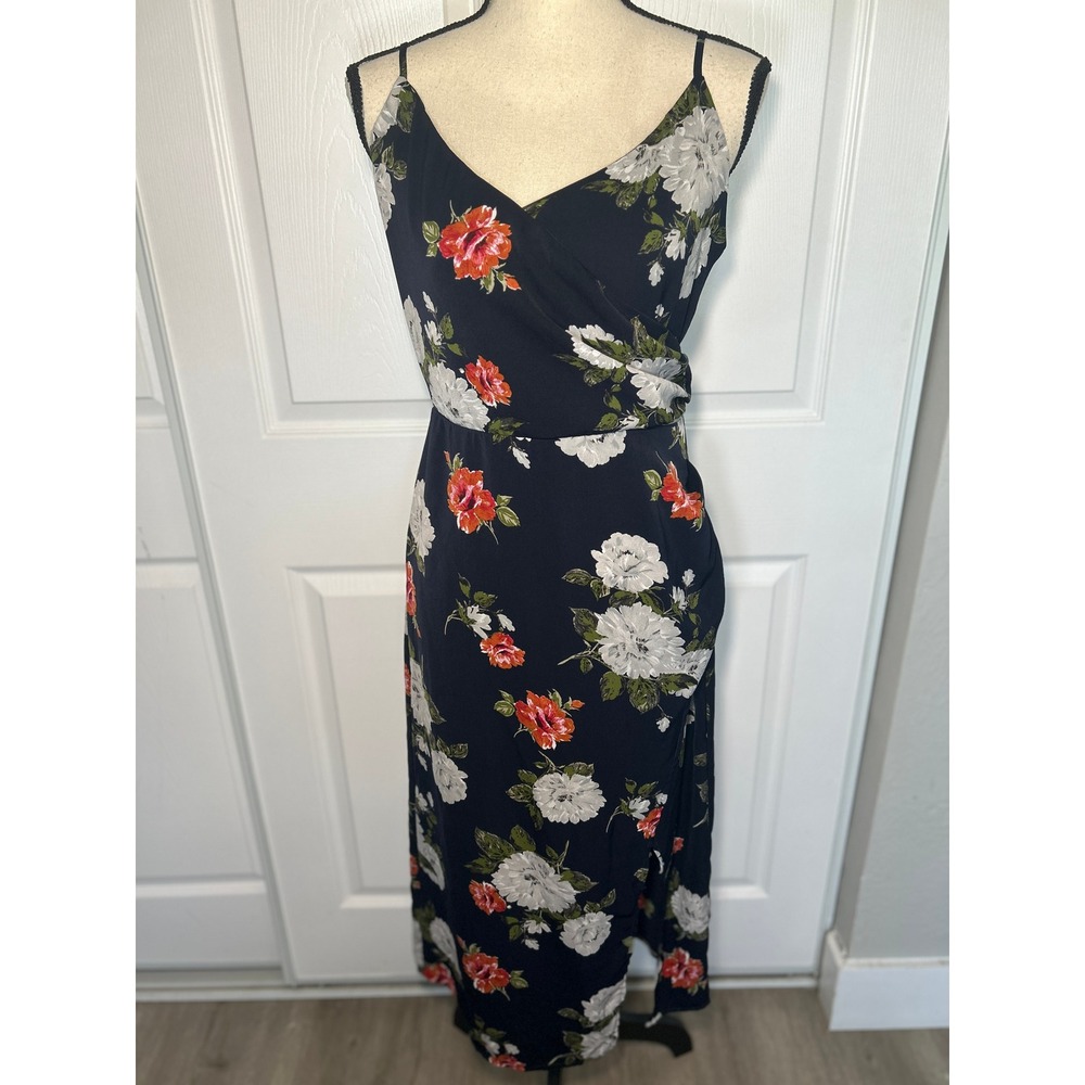 Commense Floral‎ Print Wrap Midi Dress Spaghetti Strap Navy Orange M Fits S